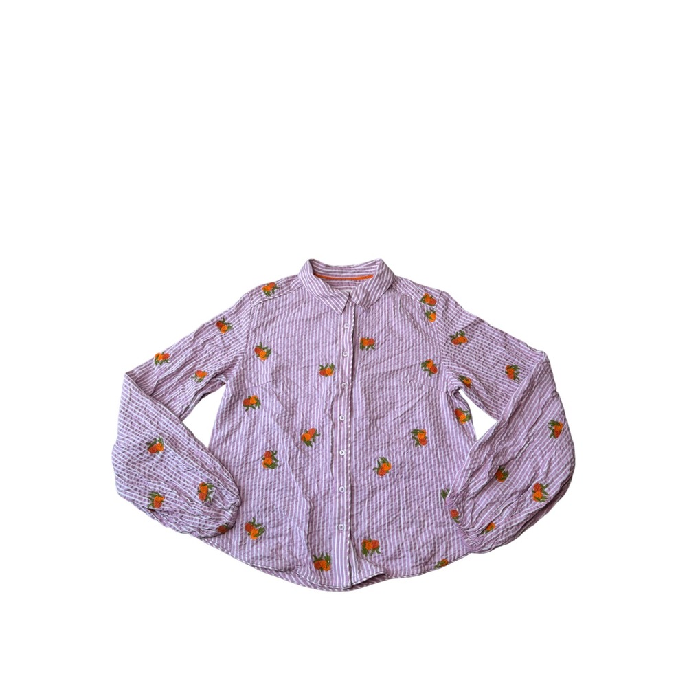Anthropologie Maeve Embroidered Button Down Fruit Striped Size Small - Picture 2 of 8
